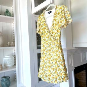 LULU’S Audacious Audrey Yellow Floral Print Wrap Dress